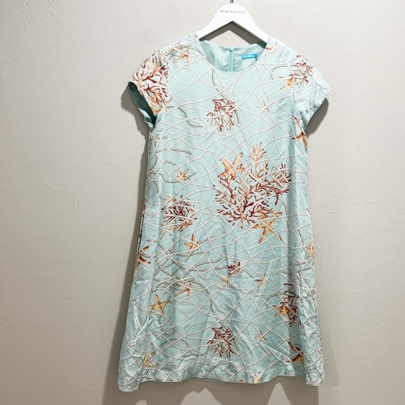 J MCLAUGHLIN Women’s Blue Starfish Coastal Print Silk Short Sleeve Dress Sz XS - Picture 1 of 9